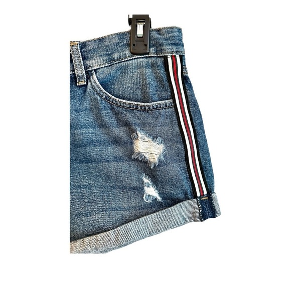 JBD, JUST BLACK DENIM SHORTS. DISTRESSED WITH SIDE STRIPES. SIZE L - Picture 2 of 5